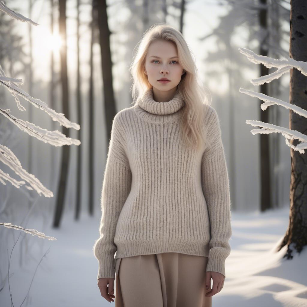 A stunning image of finnish starlet embracing nordic minimalism wearing soft knits under pale winter sunlight.