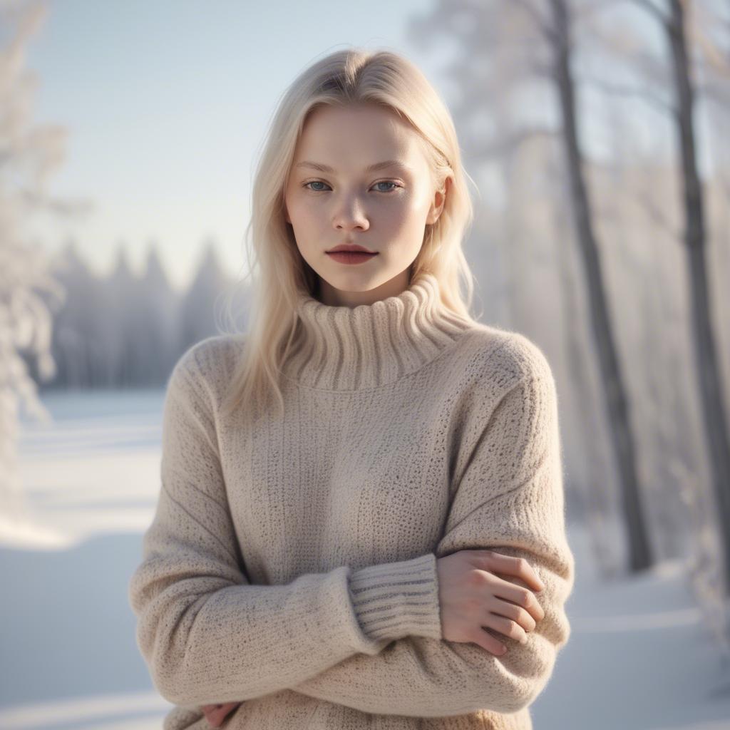 A stunning image of finnish starlet embracing nordic minimalism wearing soft knits under pale winter sunlight.