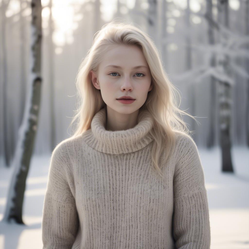 A stunning image of finnish starlet embracing nordic minimalism wearing soft knits under pale winter sunlight.