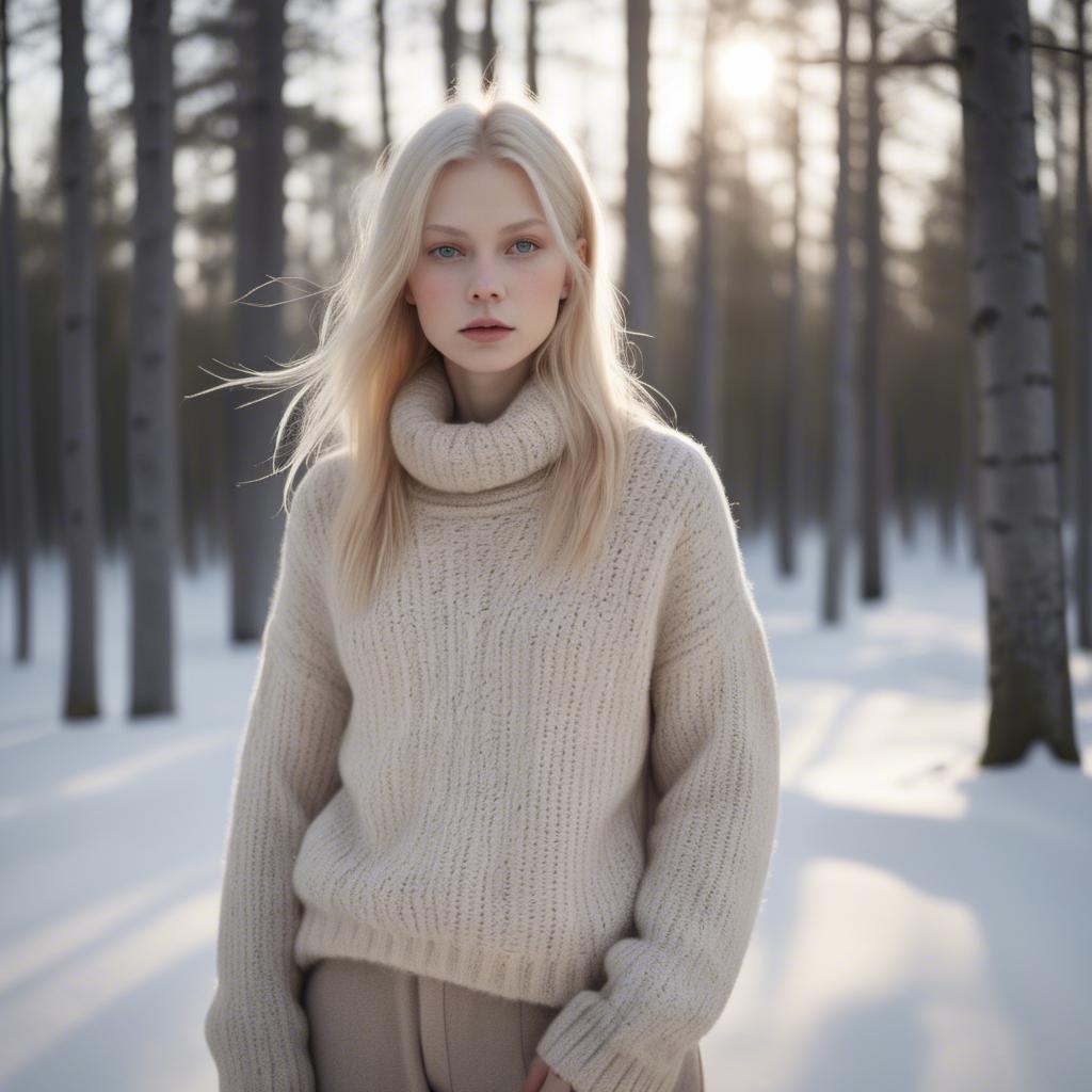 A stunning image of finnish starlet embracing nordic minimalism wearing soft knits under pale winter sunlight.