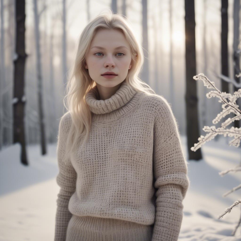 A stunning image of finnish starlet embracing nordic minimalism wearing soft knits under pale winter sunlight.