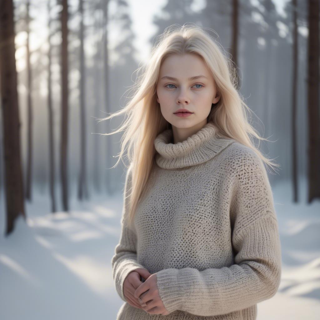 A stunning image of finnish starlet embracing nordic minimalism wearing soft knits under pale winter sunlight.