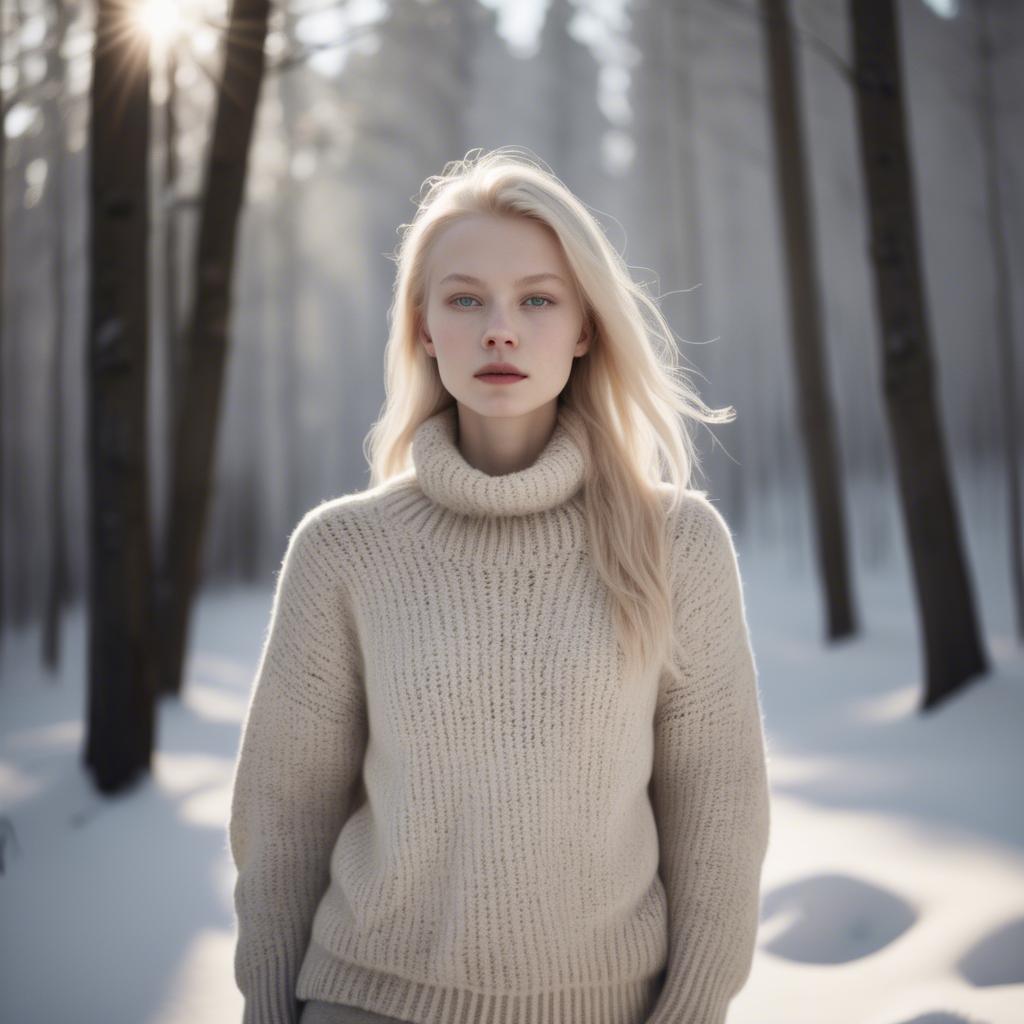 A stunning image of finnish starlet embracing nordic minimalism wearing soft knits under pale winter sunlight.