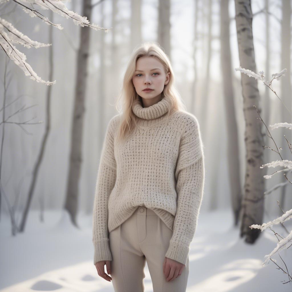 A stunning image of finnish starlet embracing nordic minimalism wearing soft knits under pale winter sunlight.