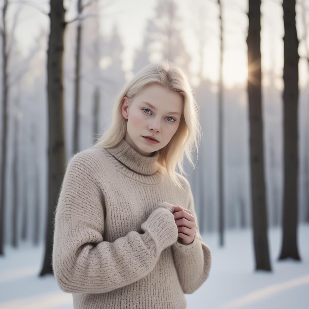 A stunning image of finnish starlet embracing nordic minimalism wearing soft knits under pale winter sunlight.
