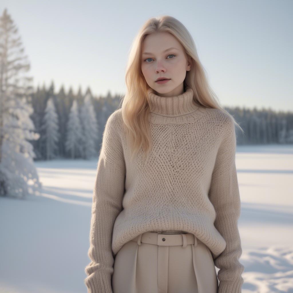 A stunning image of finnish starlet embracing nordic minimalism wearing soft knits under pale winter sunlight.