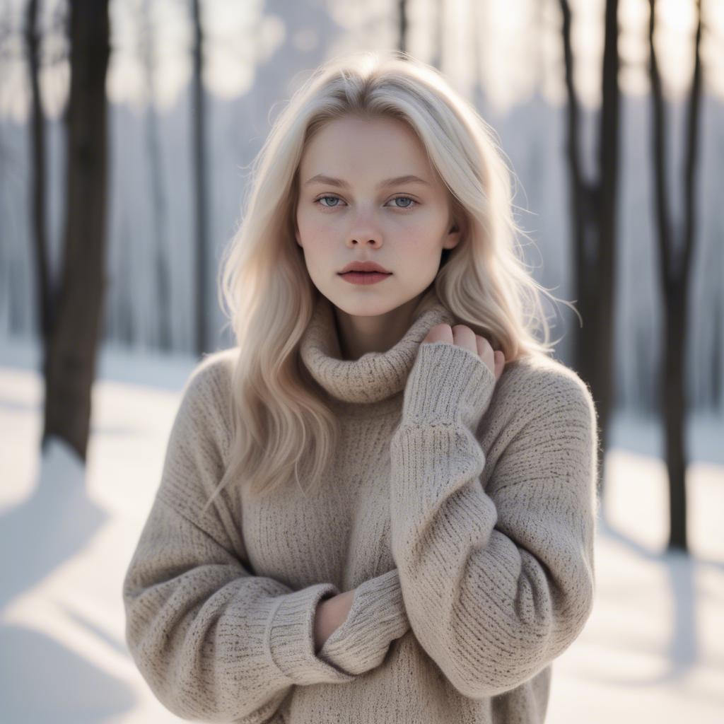 A stunning image of finnish starlet embracing nordic minimalism wearing soft knits under pale winter sunlight.