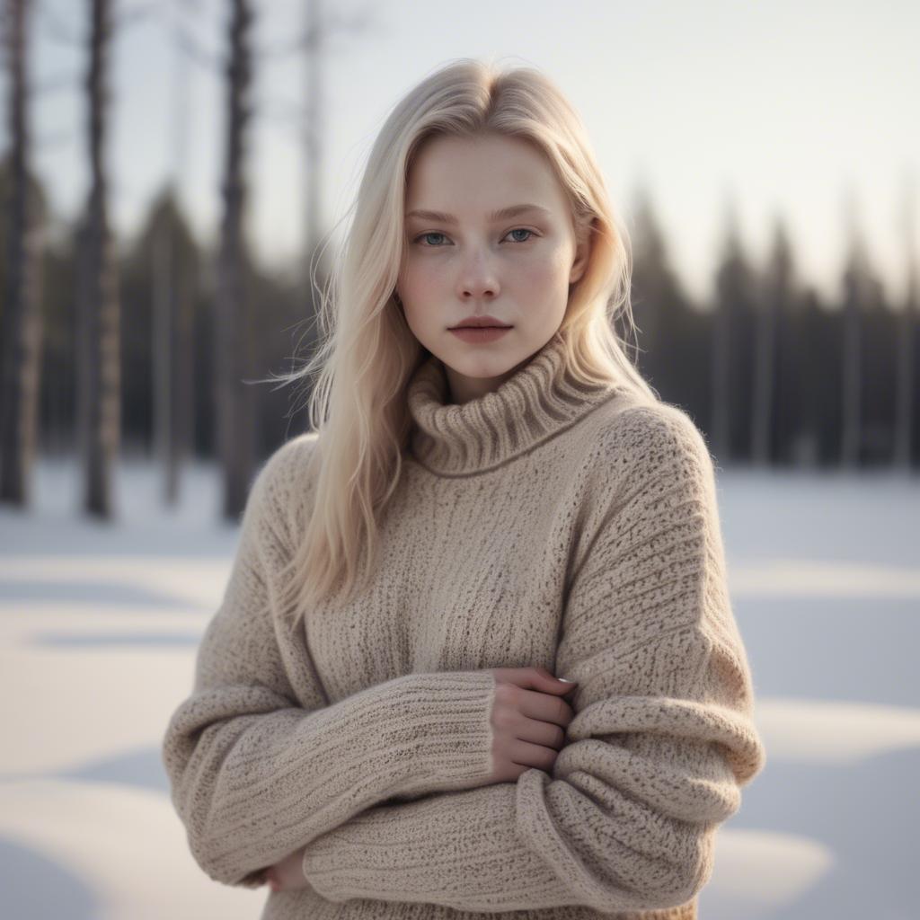 A stunning image of finnish starlet embracing nordic minimalism wearing soft knits under pale winter sunlight.