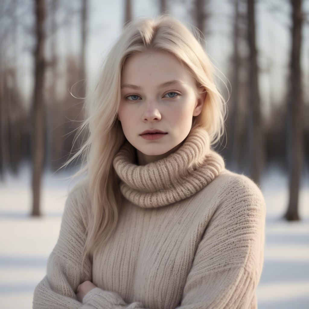 A stunning image of finnish starlet embracing nordic minimalism wearing soft knits under pale winter sunlight.
