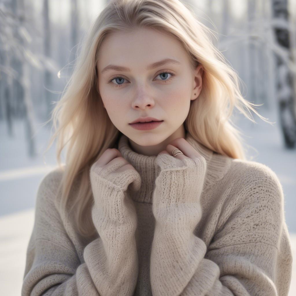 A stunning image of finnish starlet embracing nordic minimalism wearing soft knits under pale winter sunlight.