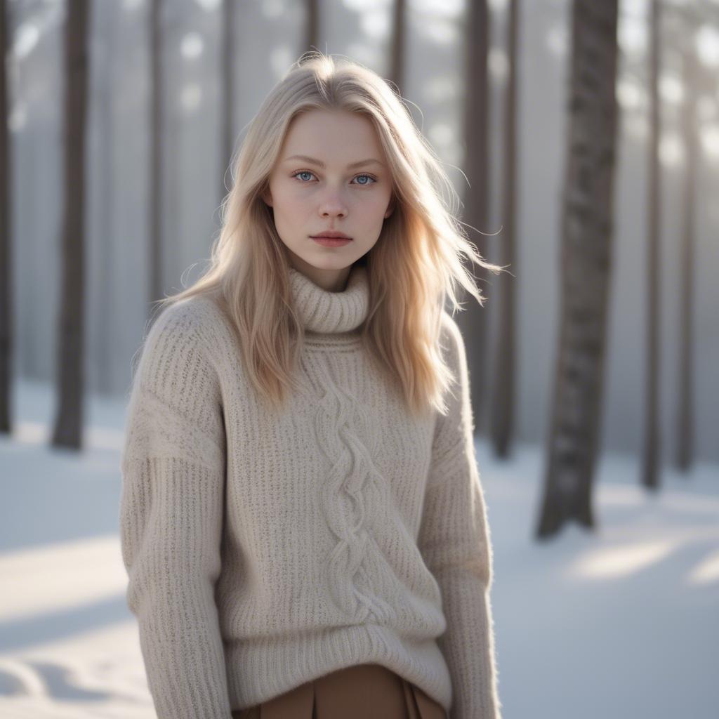 A stunning image of finnish starlet embracing nordic minimalism wearing soft knits under pale winter sunlight.