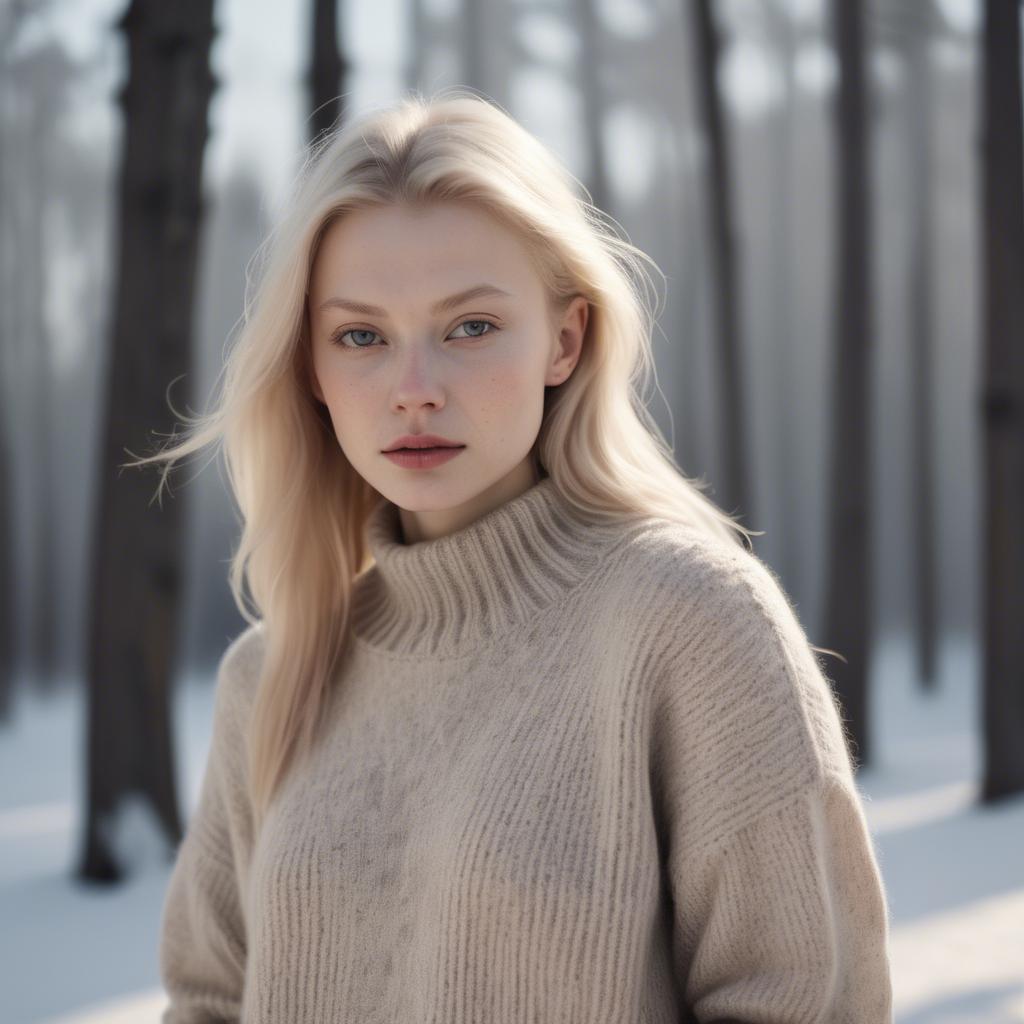 A stunning image of finnish starlet embracing nordic minimalism wearing soft knits under pale winter sunlight.
