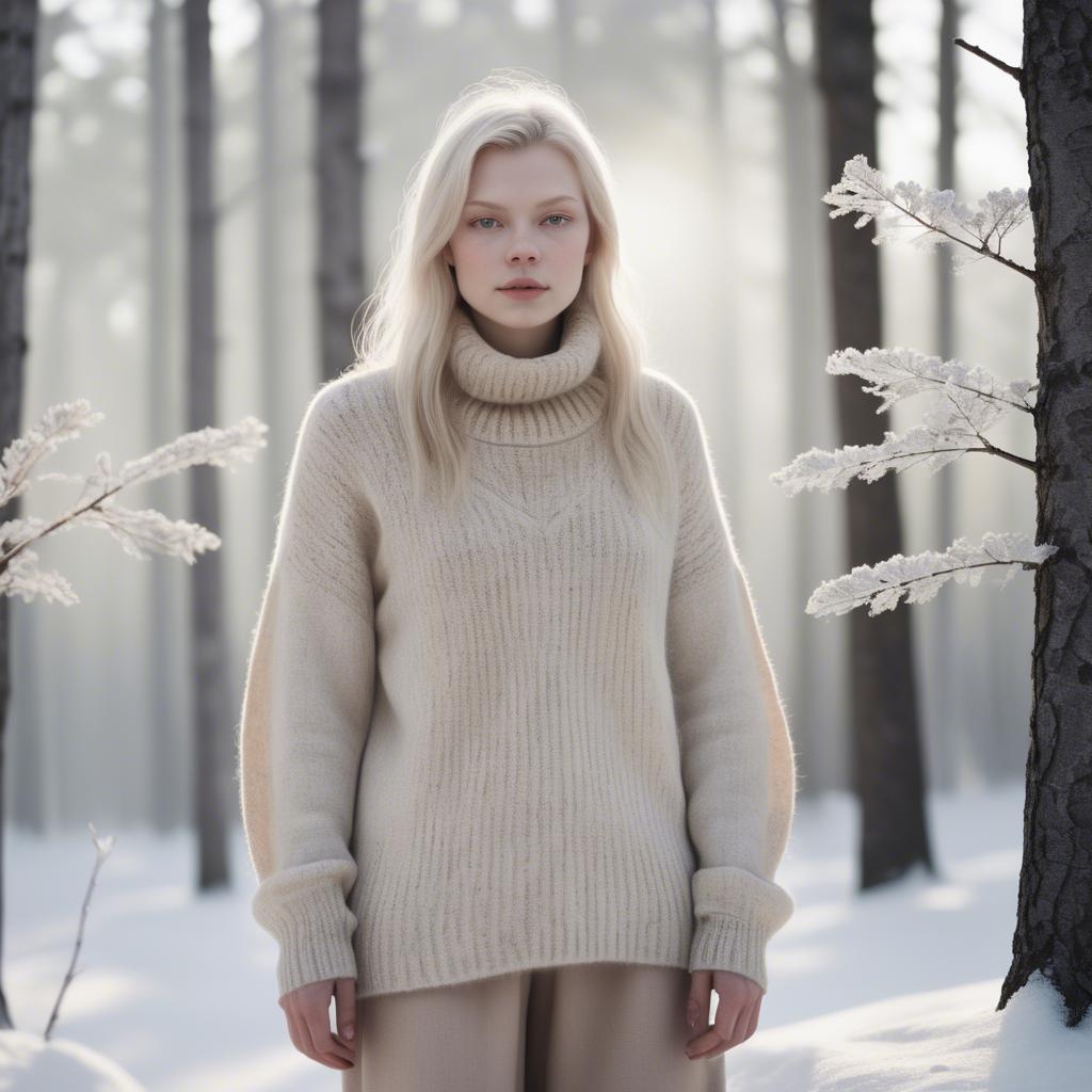 A stunning image of finnish starlet embracing nordic minimalism wearing soft knits under pale winter sunlight.