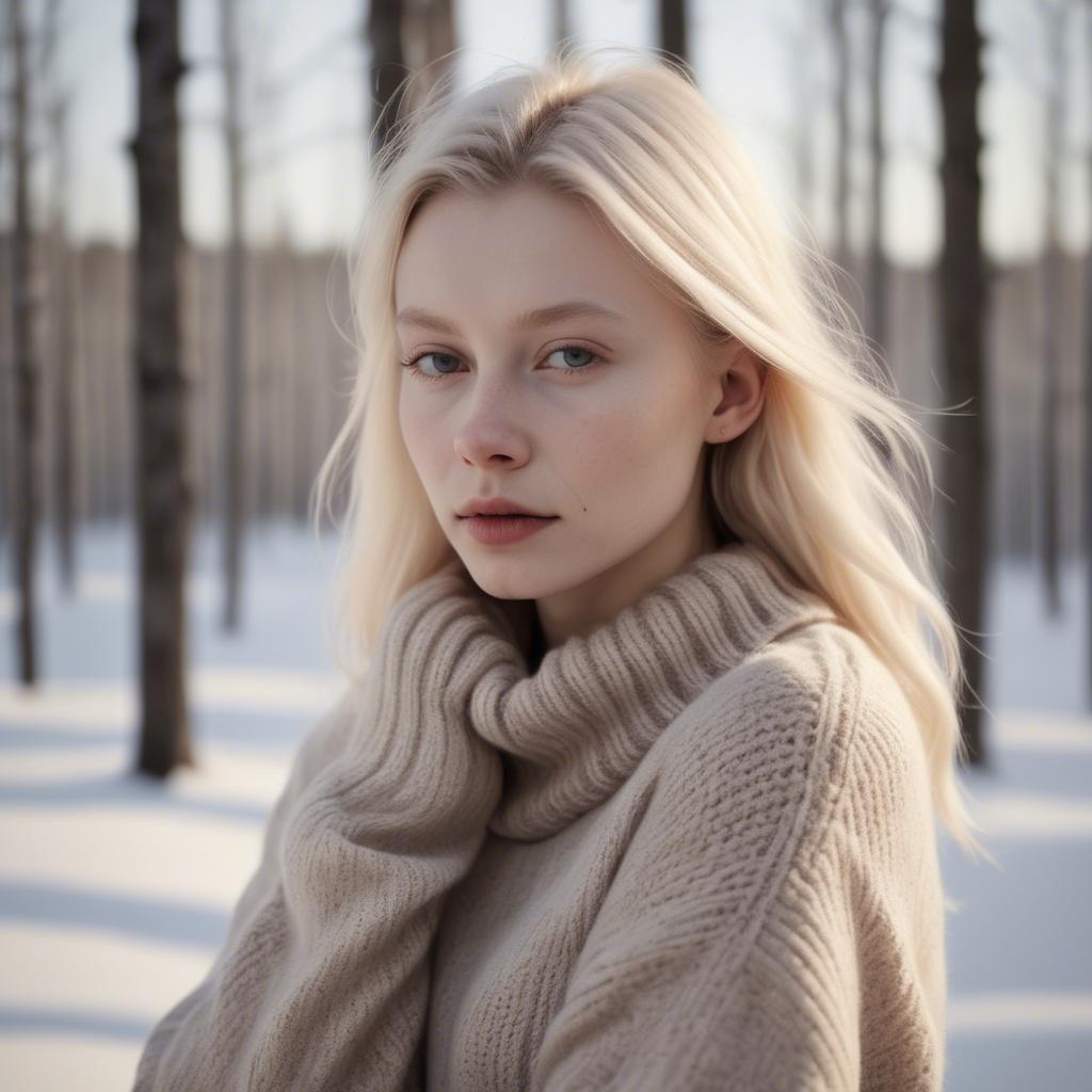 A stunning image of finnish starlet embracing nordic minimalism wearing soft knits under pale winter sunlight.