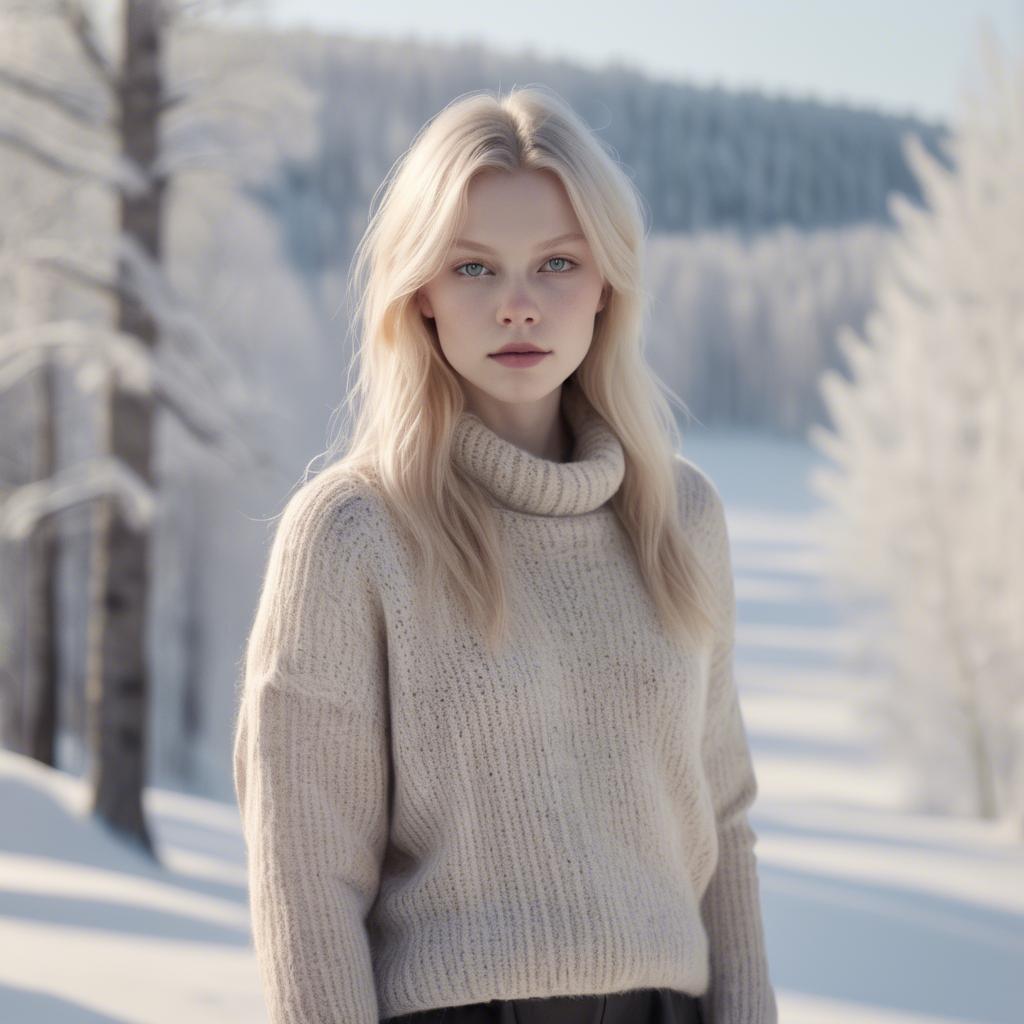 A stunning image of finnish starlet embracing nordic minimalism wearing soft knits under pale winter sunlight.