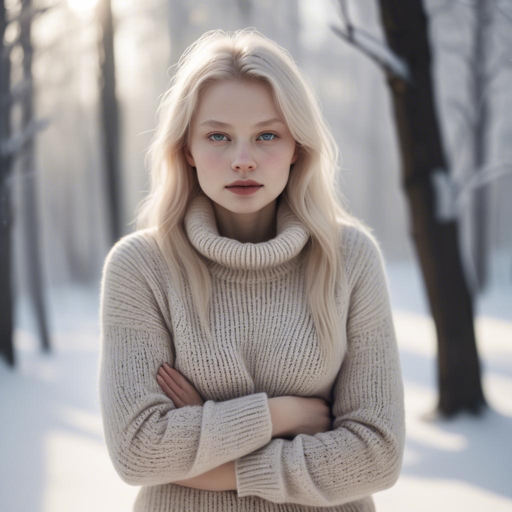 A stunning image of finnish starlet embracing nordic minimalism wearing soft knits under pale winter sunlight.