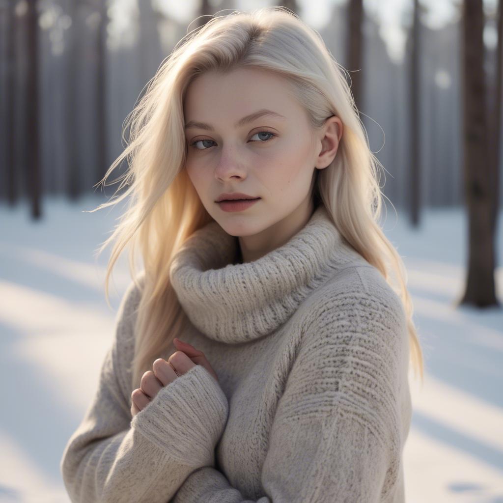 A stunning image of finnish starlet embracing nordic minimalism wearing soft knits under pale winter sunlight.