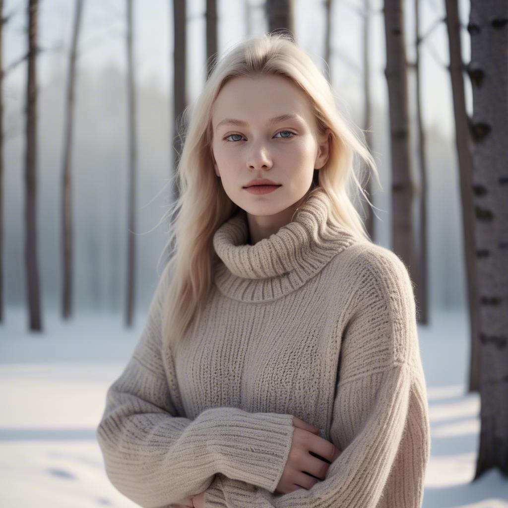A stunning image of finnish starlet embracing nordic minimalism wearing soft knits under pale winter sunlight.