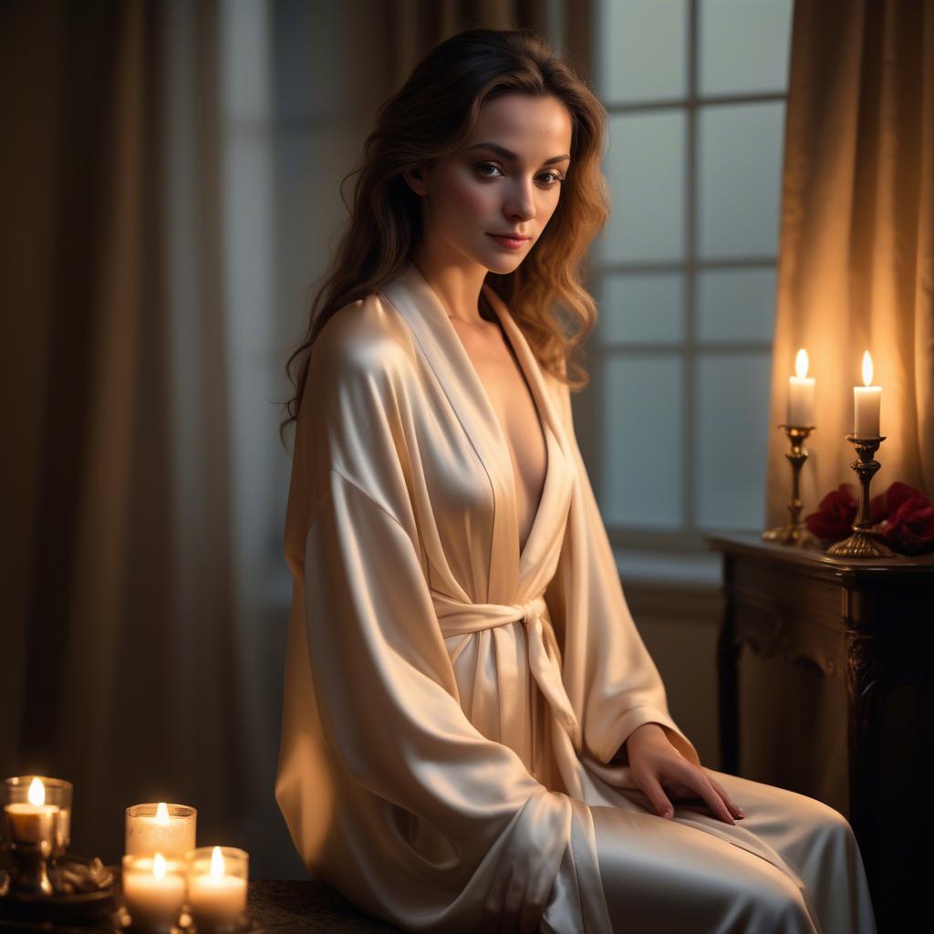 A stunning image of french beauty elegantly draped in a silk robe illuminated by warm candlelight.
