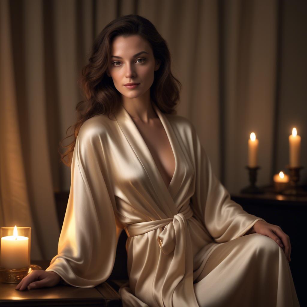 A stunning image of french beauty elegantly draped in a silk robe illuminated by warm candlelight.
