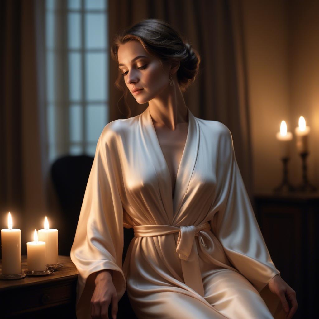 A stunning image of french beauty elegantly draped in a silk robe illuminated by warm candlelight.