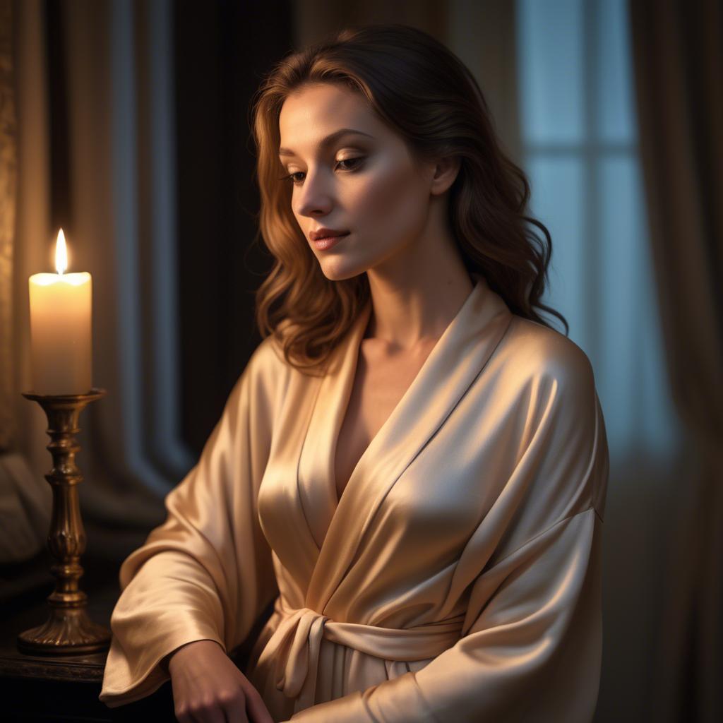 A stunning image of french beauty elegantly draped in a silk robe illuminated by warm candlelight.