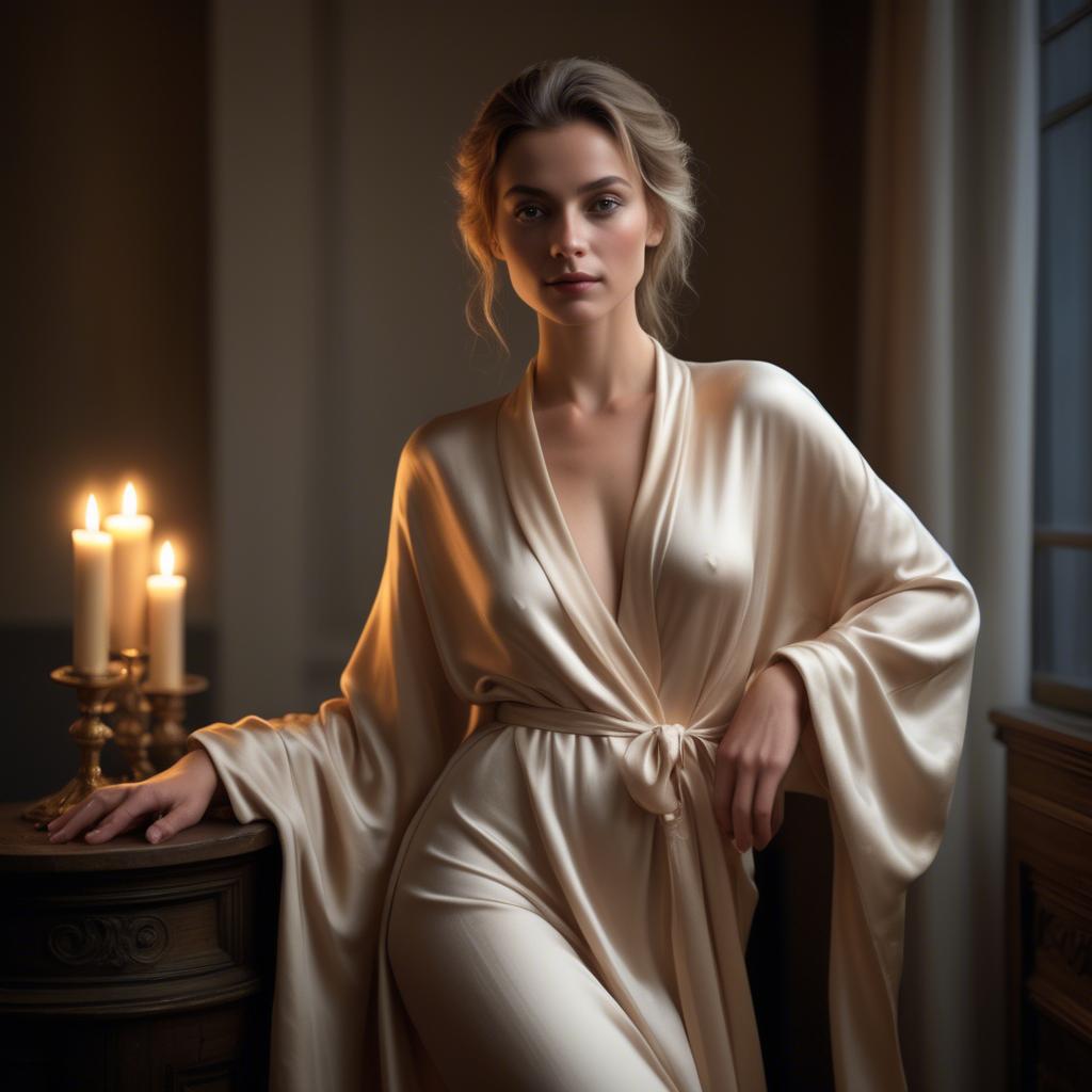 A stunning image of french beauty elegantly draped in a silk robe illuminated by warm candlelight.