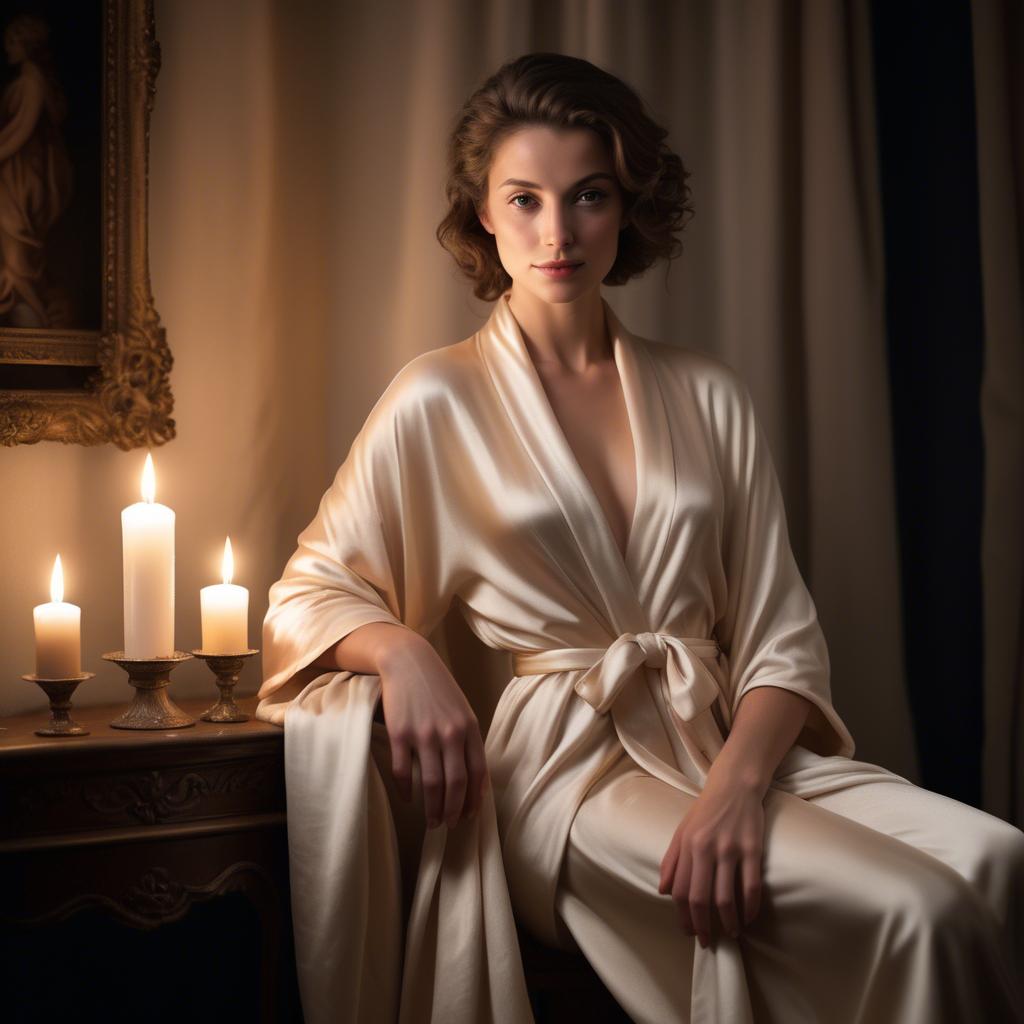 A stunning image of french beauty elegantly draped in a silk robe illuminated by warm candlelight.