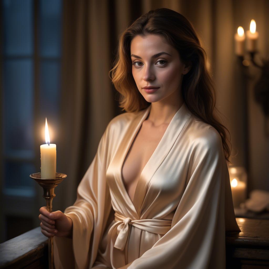 A stunning image of french beauty elegantly draped in a silk robe illuminated by warm candlelight.