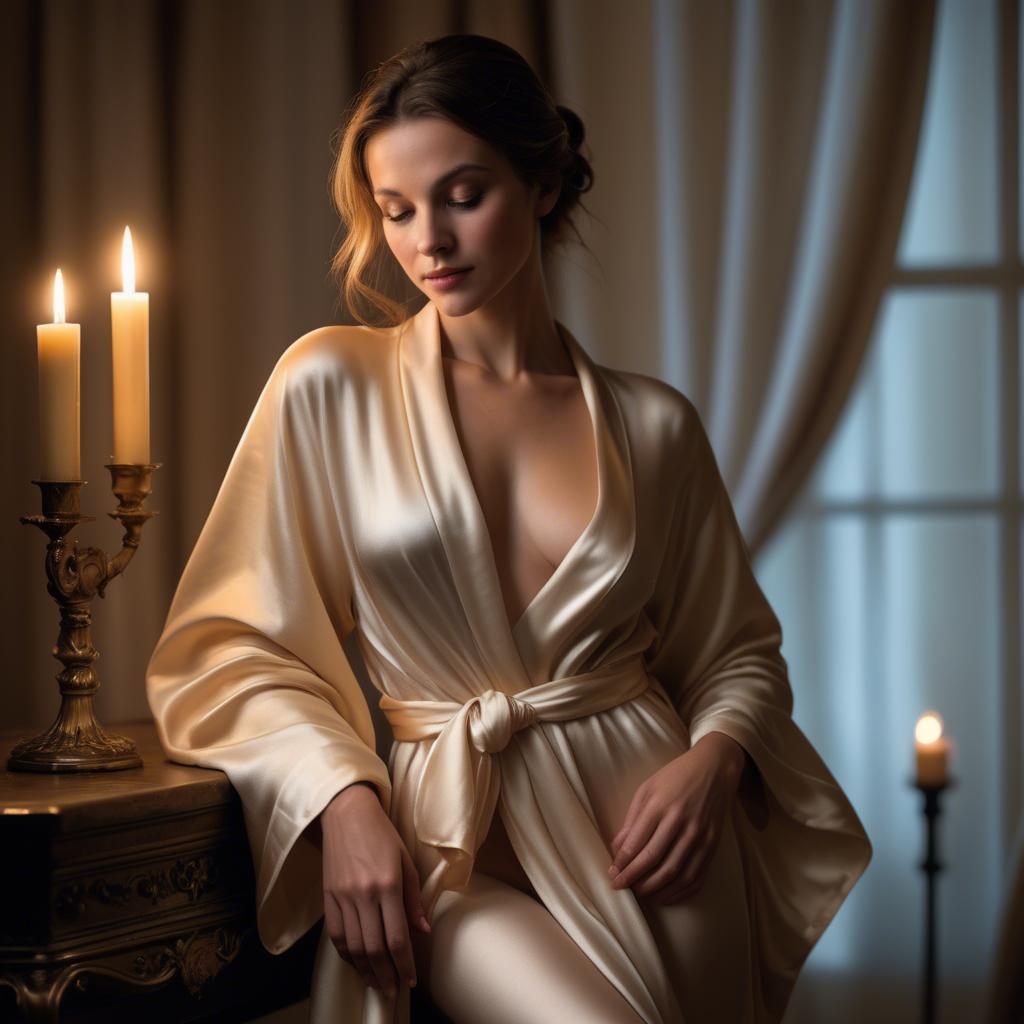 A stunning image of french beauty elegantly draped in a silk robe illuminated by warm candlelight.