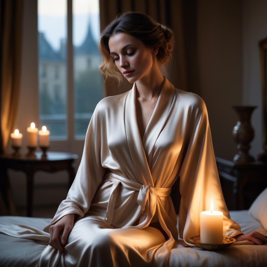 A stunning image of french beauty elegantly draped in a silk robe illuminated by warm candlelight.