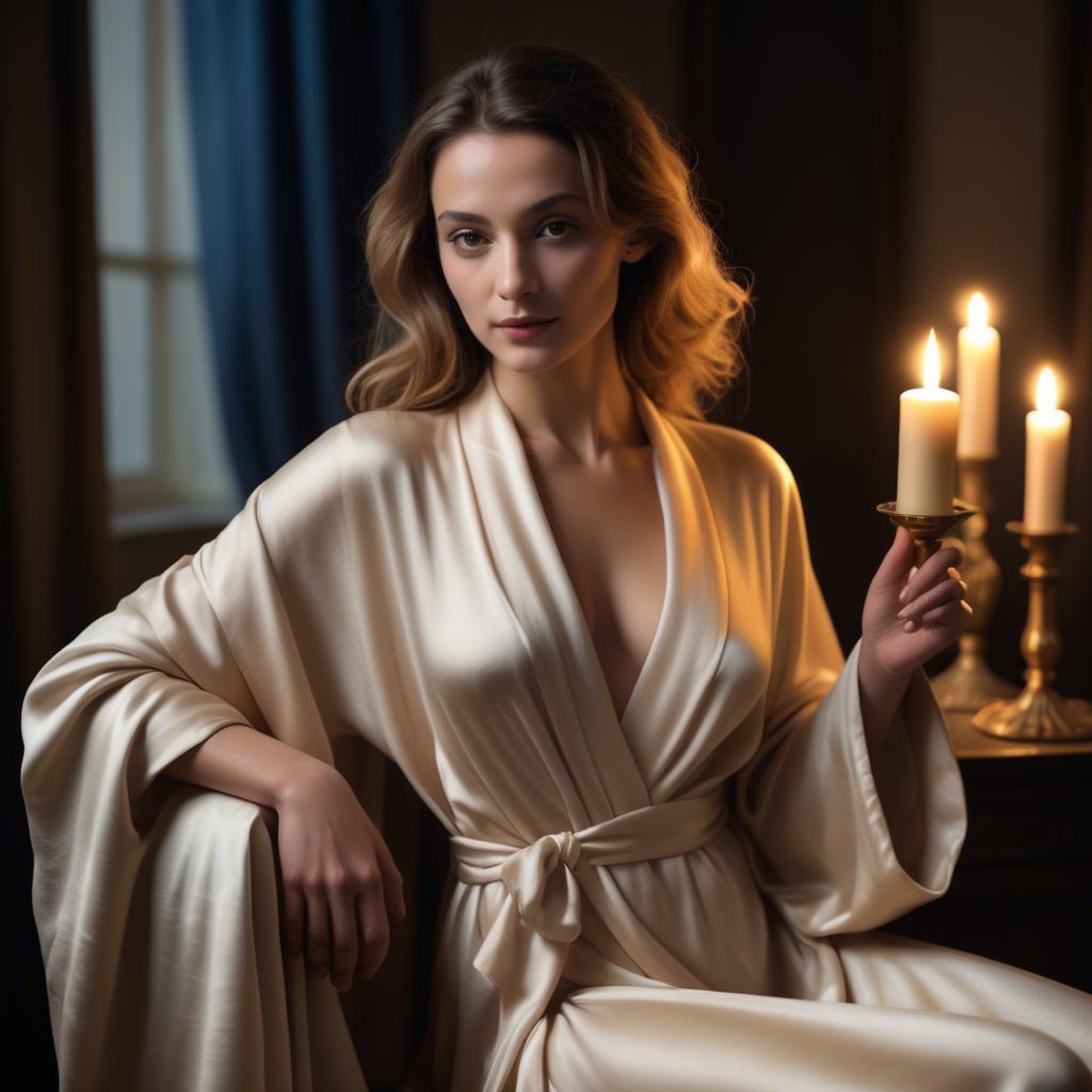 A stunning image of french beauty elegantly draped in a silk robe illuminated by warm candlelight.