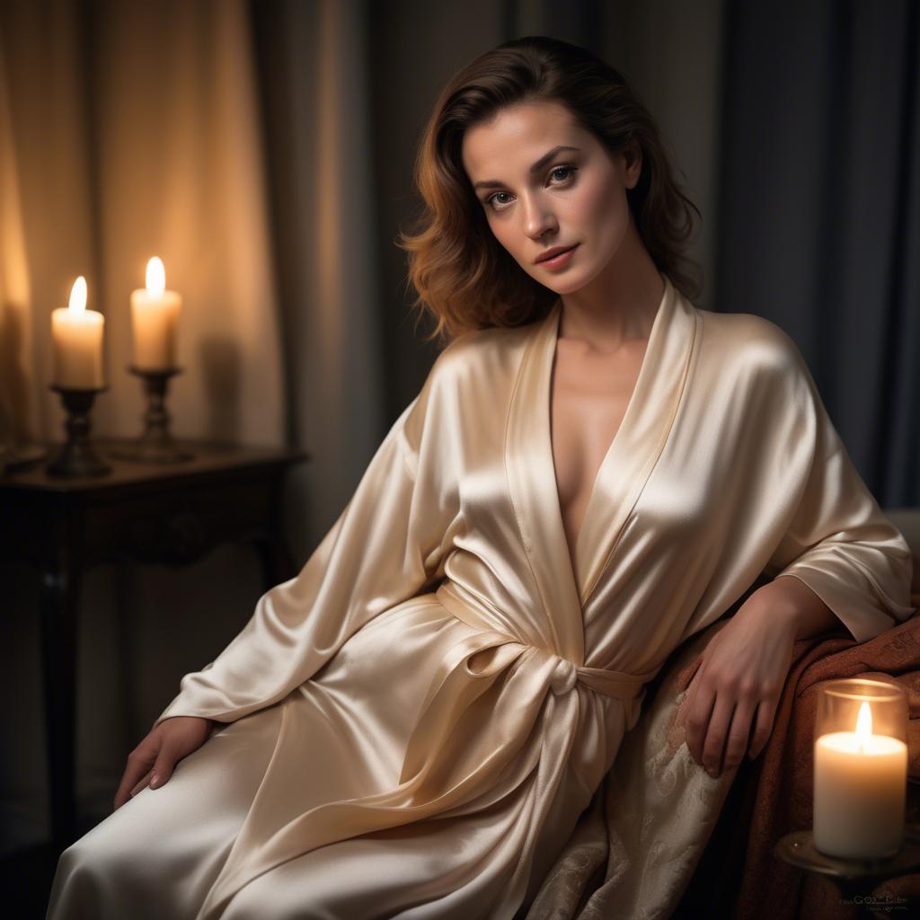 A stunning image of french beauty elegantly draped in a silk robe illuminated by warm candlelight.