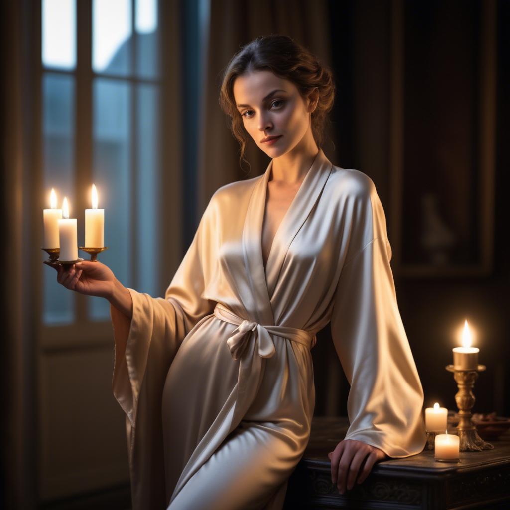 A stunning image of french beauty elegantly draped in a silk robe illuminated by warm candlelight.