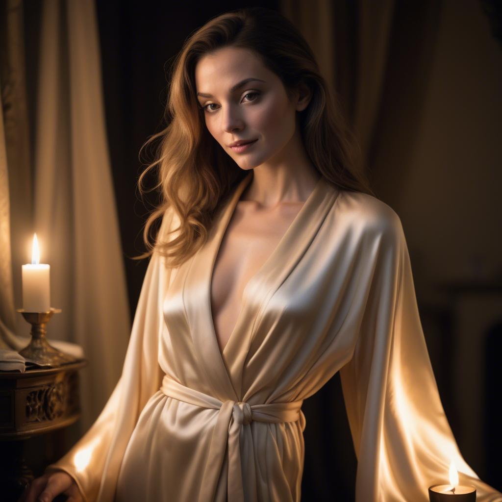A stunning image of french beauty elegantly draped in a silk robe illuminated by warm candlelight.