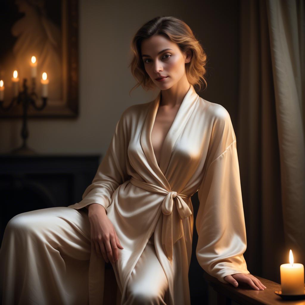 A stunning image of french beauty elegantly draped in a silk robe illuminated by warm candlelight.