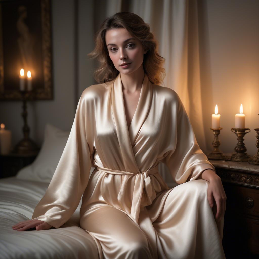A stunning image of french beauty elegantly draped in a silk robe illuminated by warm candlelight.