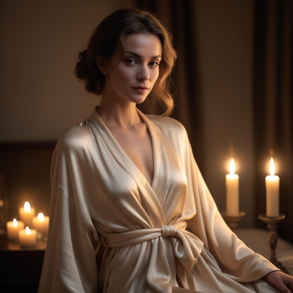 A stunning image of french beauty elegantly draped in a silk robe illuminated by warm candlelight.