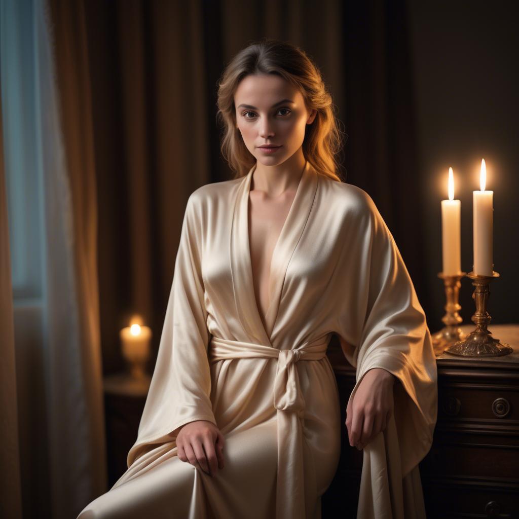A stunning image of french beauty elegantly draped in a silk robe illuminated by warm candlelight.
