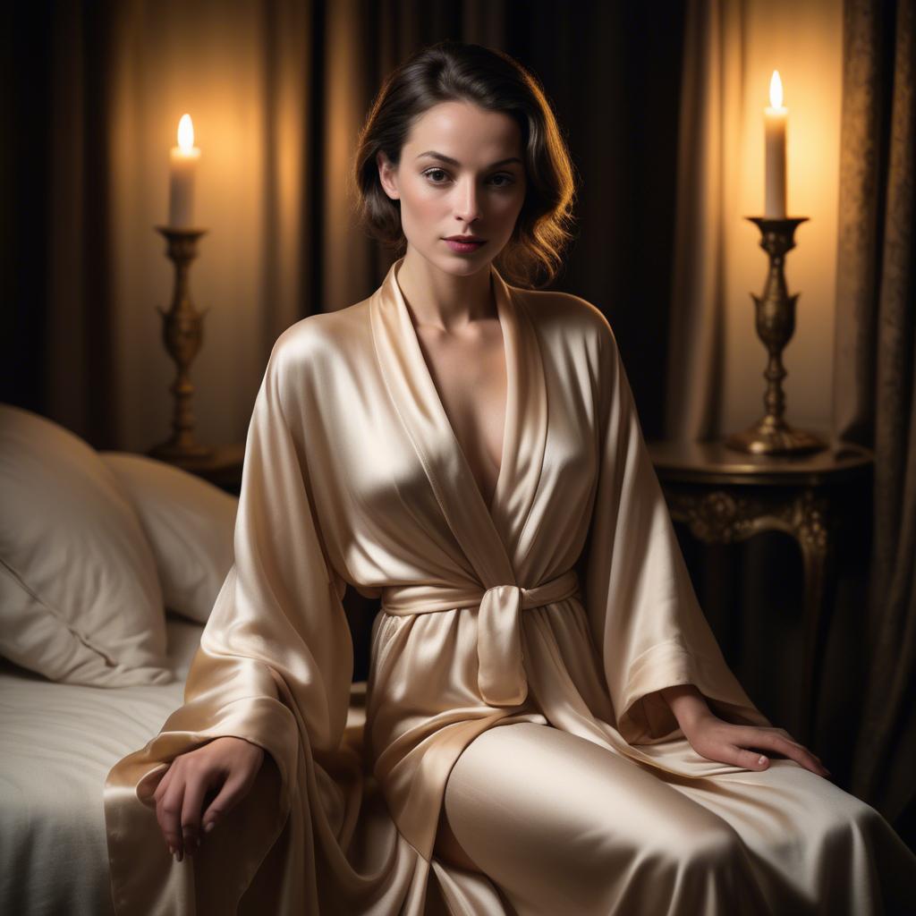 A stunning image of french beauty elegantly draped in a silk robe illuminated by warm candlelight.