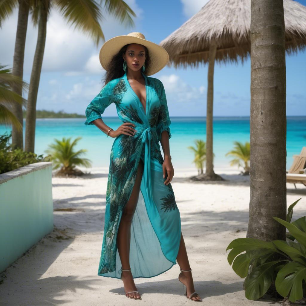 A stunning image of french-caribbean beauty posing in tropical resort wear complemented by turquoise waters.