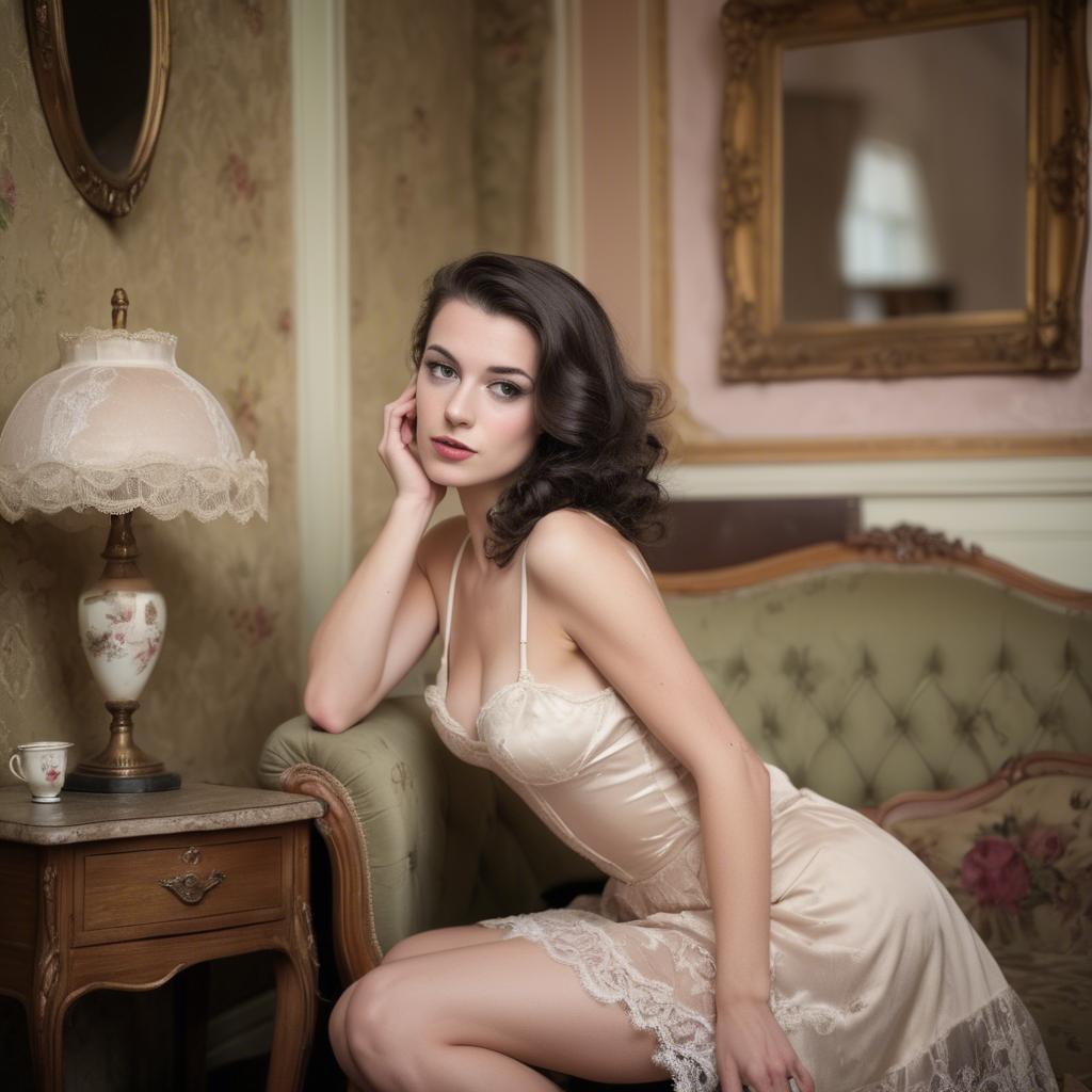 A stunning image of french model in vintage boudoir settings.