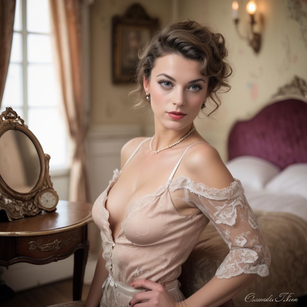 A stunning image of french model in vintage boudoir settings.