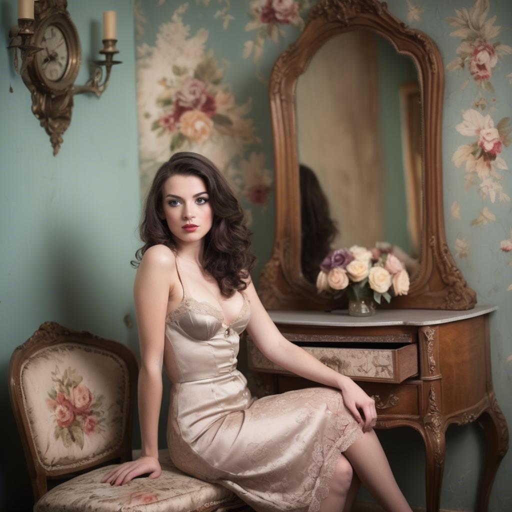 A stunning image of french model in vintage boudoir settings.