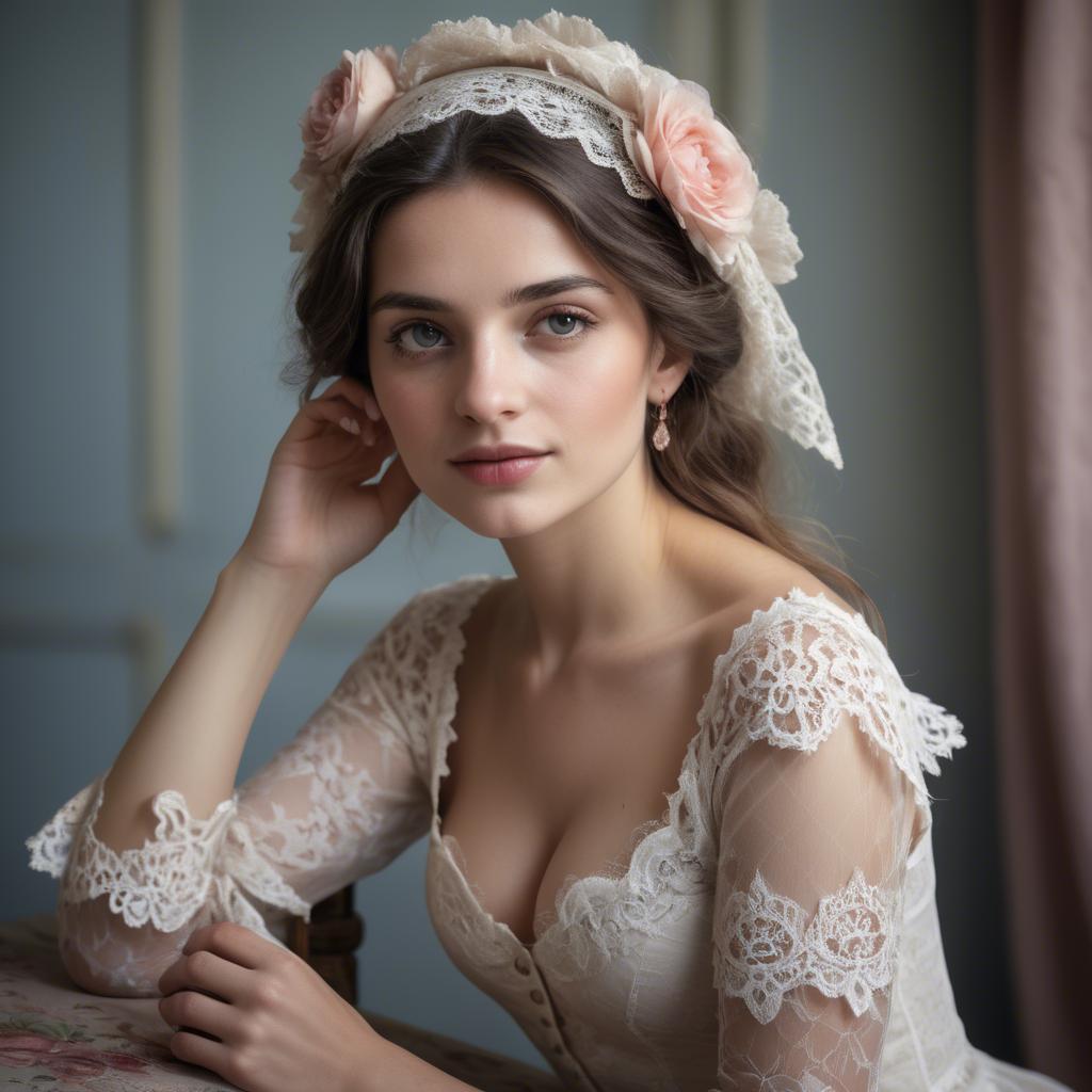 A stunning image of french woman in romantic lace settings.