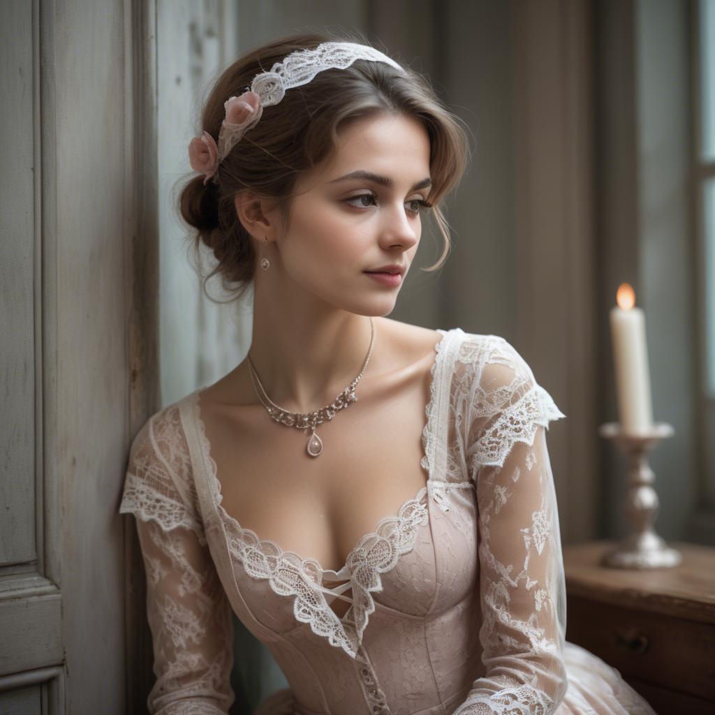 A stunning image of french woman in romantic lace settings.