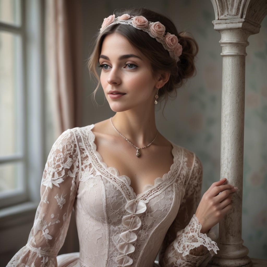 A stunning image of french woman in romantic lace settings.
