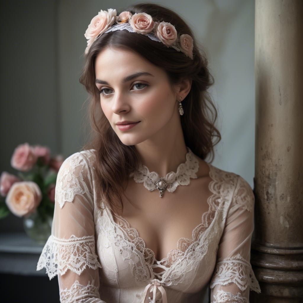 A stunning image of french woman in romantic lace settings.