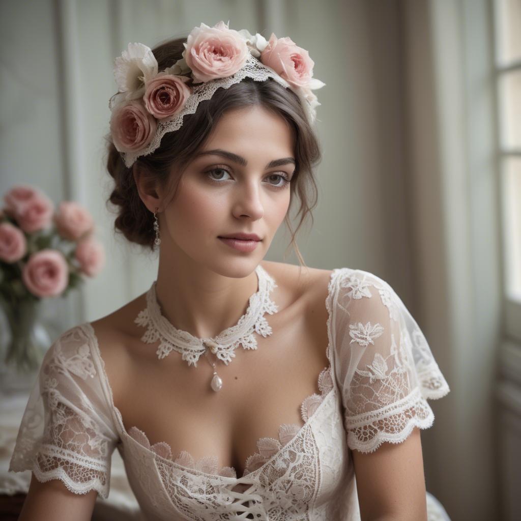 A stunning image of french woman in romantic lace settings.