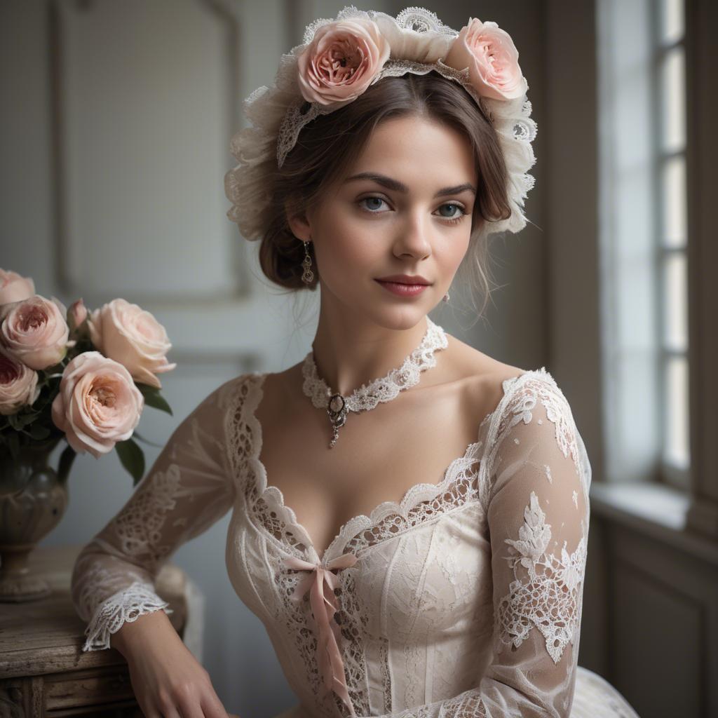A stunning image of french woman in romantic lace settings.